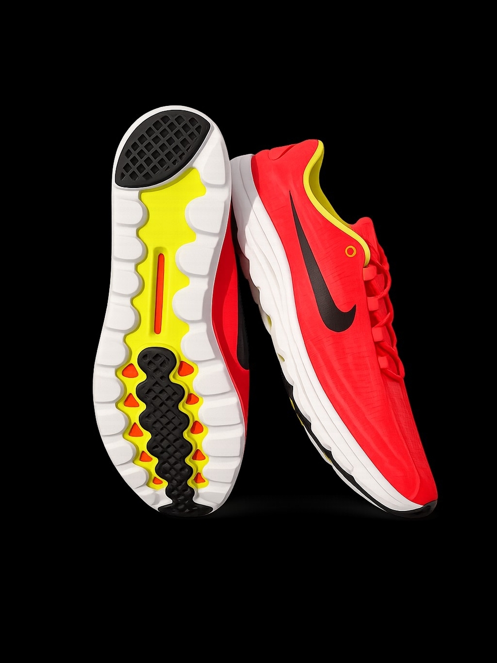 Nike Red Athletic Running Shoes with Black Swoosh and Yellow Accents